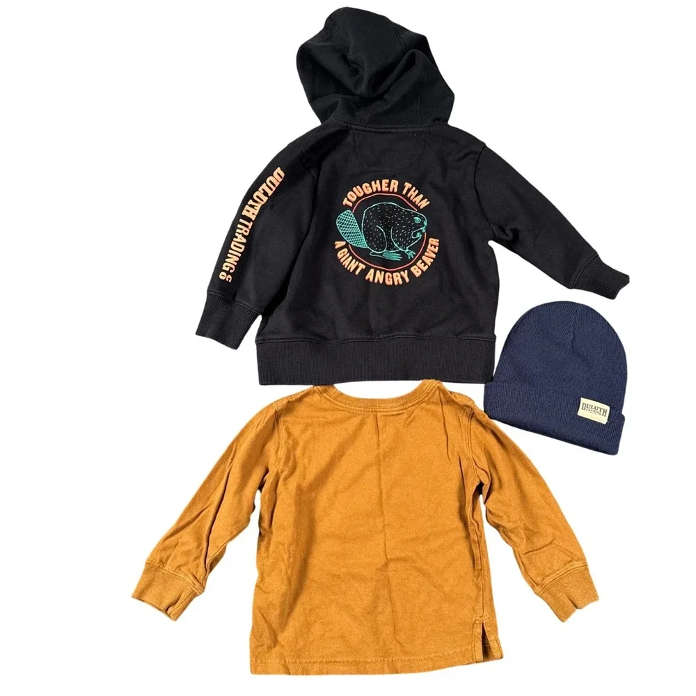Duluth Trading Co Toddler Boys 3pc Set Hoodie‎ Tee Beanie Black Brown 2T 3T